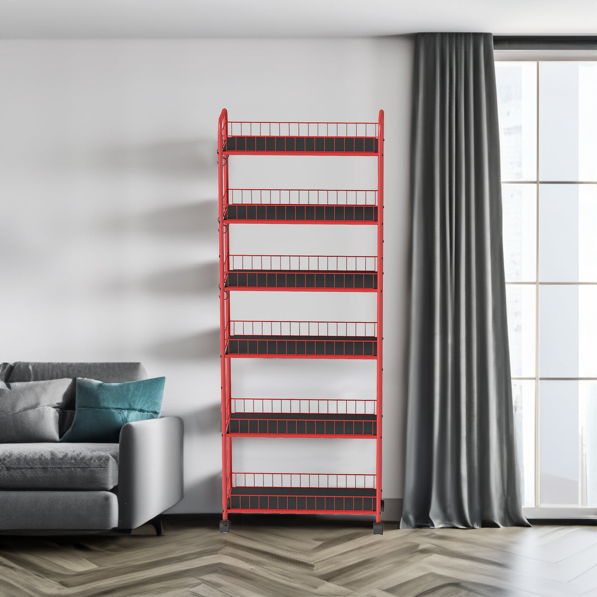 Red Six-Tier Slim Rolling Storage Cart