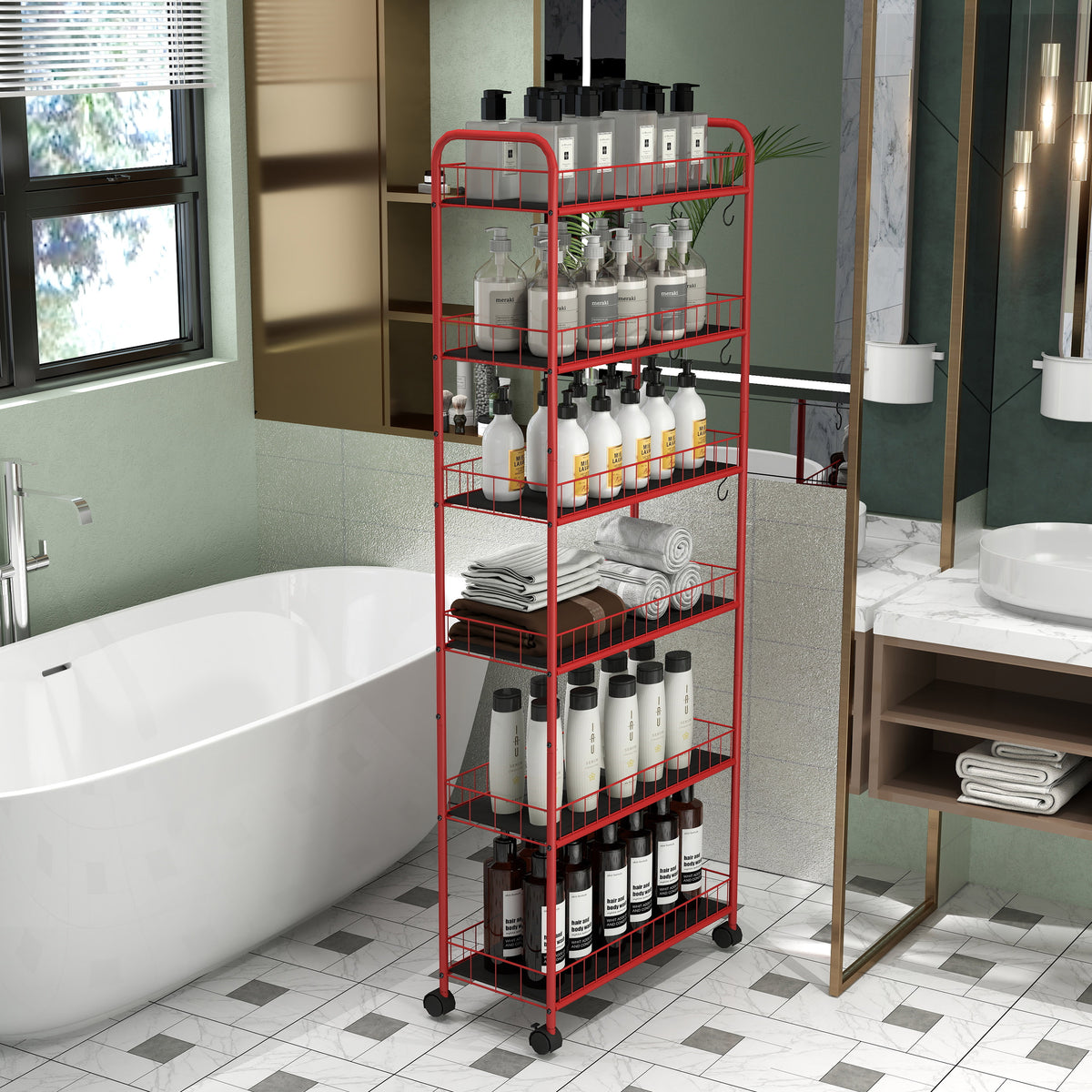 Red Six-Tier Slim Rolling Storage Cart