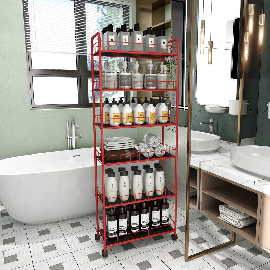 Red Six-Tier Slim Rolling Storage Cart