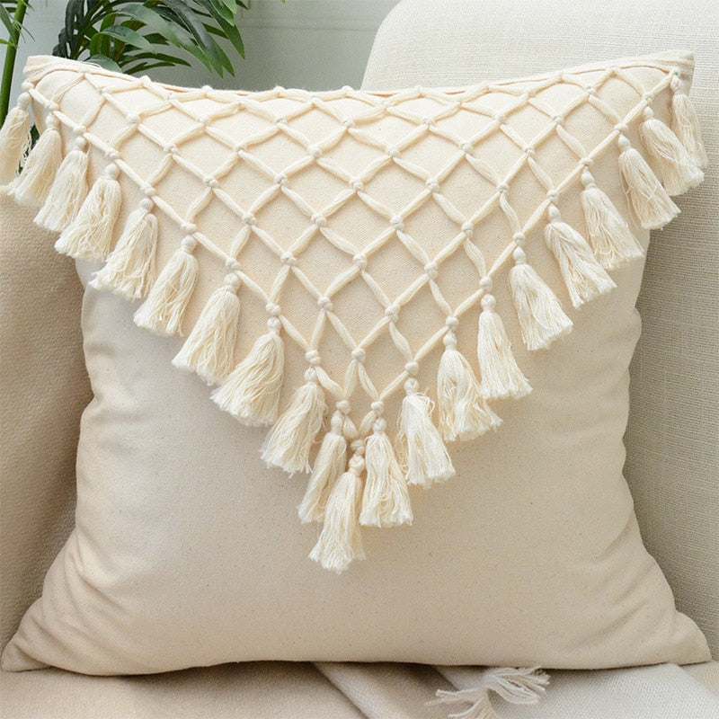 Tassel-Trim Boho Cushion Cover, 45x45cm