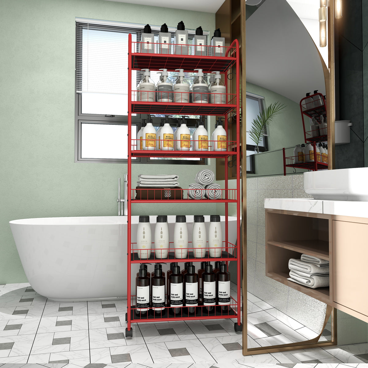 Red Six-Tier Slim Rolling Storage Cart