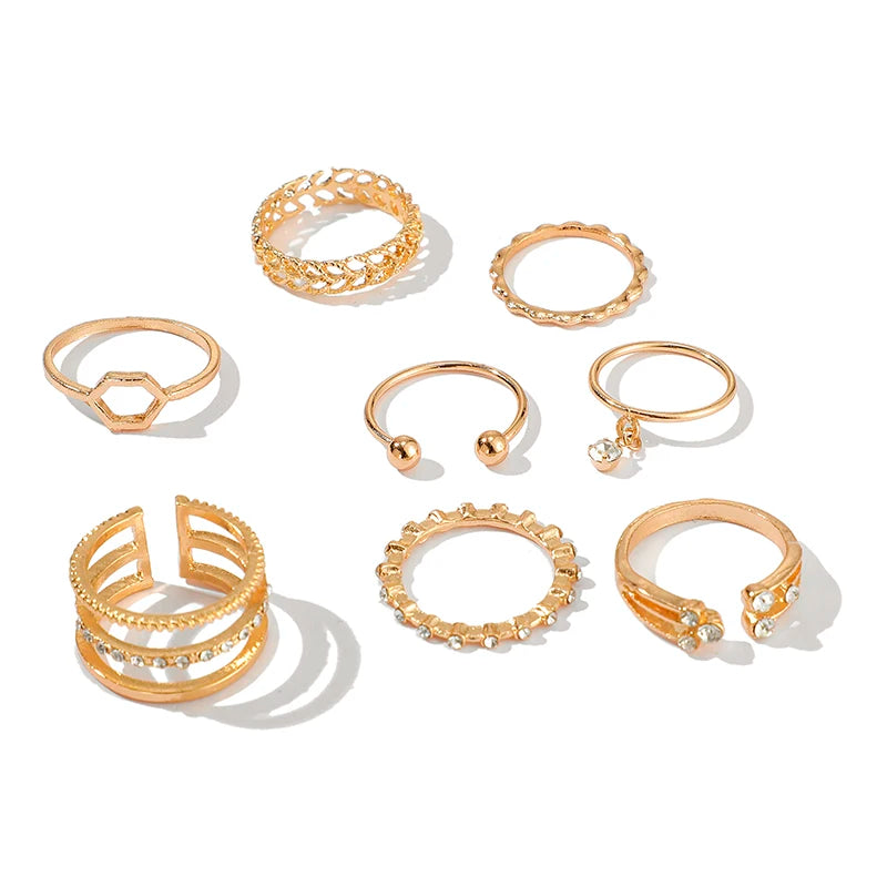 Bohemian Crystal Ring Set, 8 Pieces