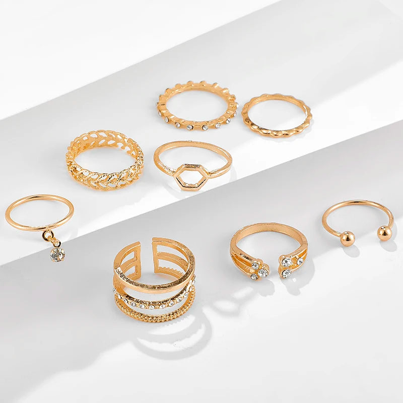 Bohemian Crystal Ring Set, 8 Pieces